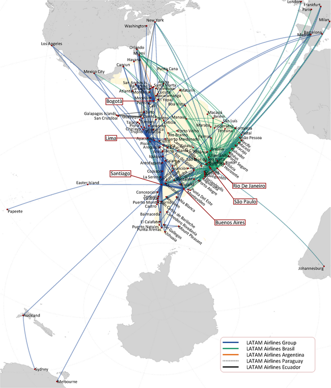 LATAM Brasil route map - international routes