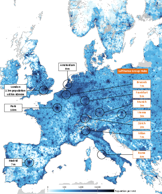 EUROPE POPULATION DISTRIBUTION AND AIRPORT HUB CATCHMENT