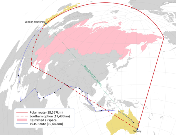 QANTAS PROJECT SUNRISE<br>POSSIBLE ROUTINGS SYDNEY-LONDON NON-STOP